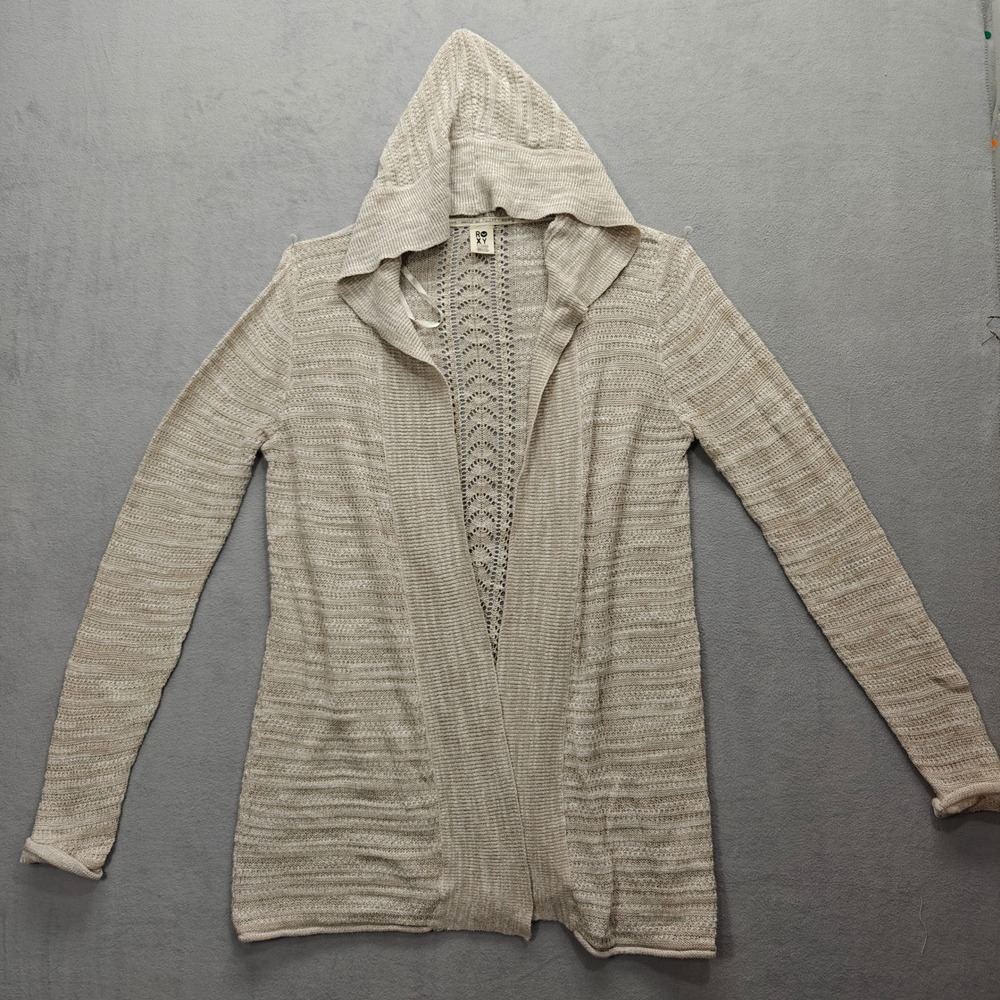 Roxy Womens Cardigan Sweater XL Coastal Beachy Boho Airy Hooded Open Front Layer